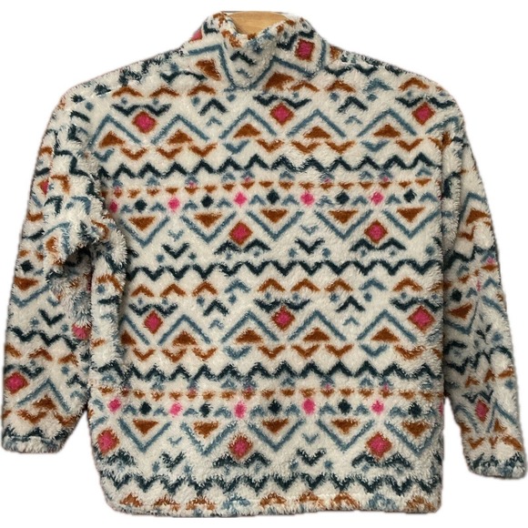 Eddie Bauer Pullover 1/4 Zip Vanilla Aztec Tribal Plush Fleece Faux Fur XXL - Picture 2 of 4